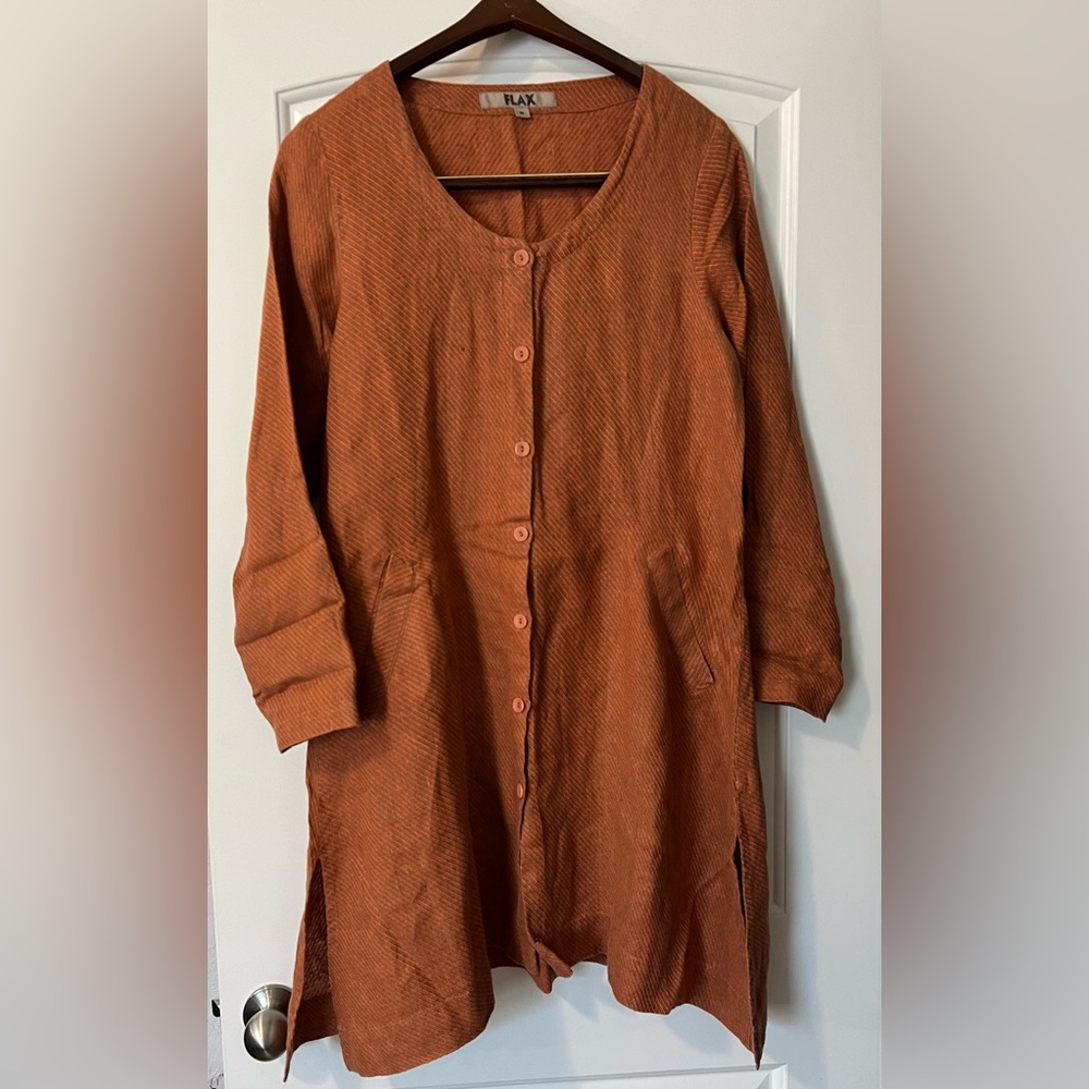 Flax Oversized Lagenlook Orange Rust Linen Long Sleeve Button Front Dress Small
